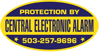 Oval sign with "Protection by Central Electronic Alarm" and phone number "503-257-9696" in yellow text on a blue background.