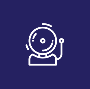 White fire alarm bell icon on a dark blue background.