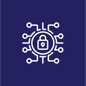 A padlock icon surrounded by circuit lines on a dark blue background, symbolizing cybersecurity.
