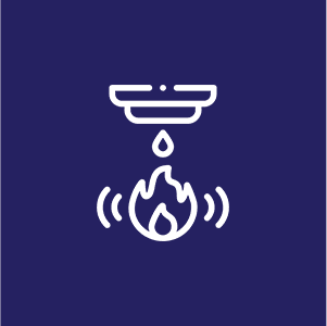 White line icon on a dark blue background showing a fire sprinkler with a droplet above flames and curved lines indicating activation or alert.