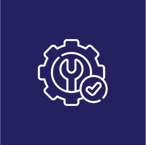 Icon of a gear with a wrench inside and a check mark beside it, representing settings or maintenance, on a dark blue background.