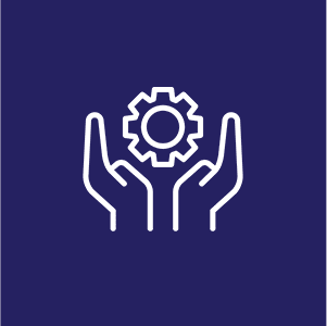 Two hands holding a gear icon on a dark blue background, symbolizing support or service.