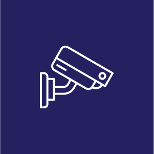 Icon of a security camera with a white outline on a dark blue background.