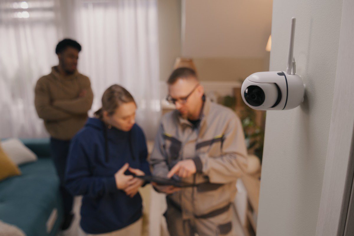 GettyImages-1469887305 A security camera is mounted on a wall, focusing on two people reviewing a tablet, with a third person standing in the background.