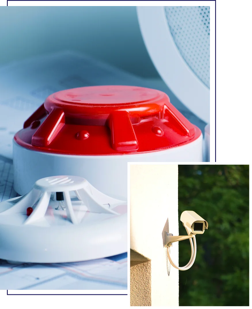 Group 3 (6) Two images: one shows a close-up of a red and white fire alarm on a surface; the other shows a security camera mounted on an exterior wall, pointing towards green foliage.